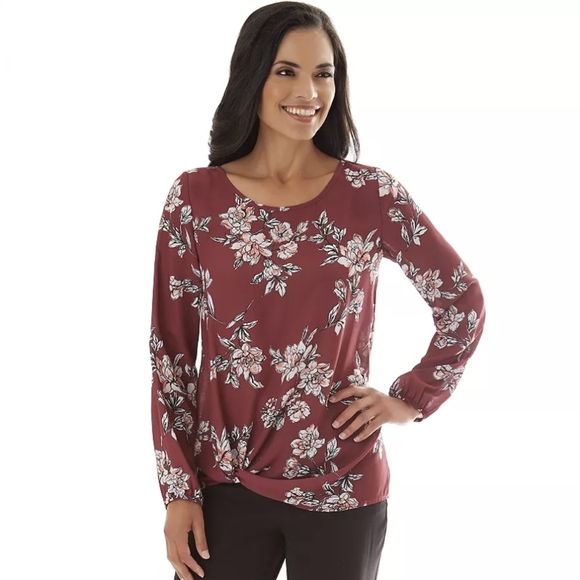 Apt. 9 Tops - Women's Apt. 9® Printed Knot-Hem Top Red Maroon Floral Print Size Women's S